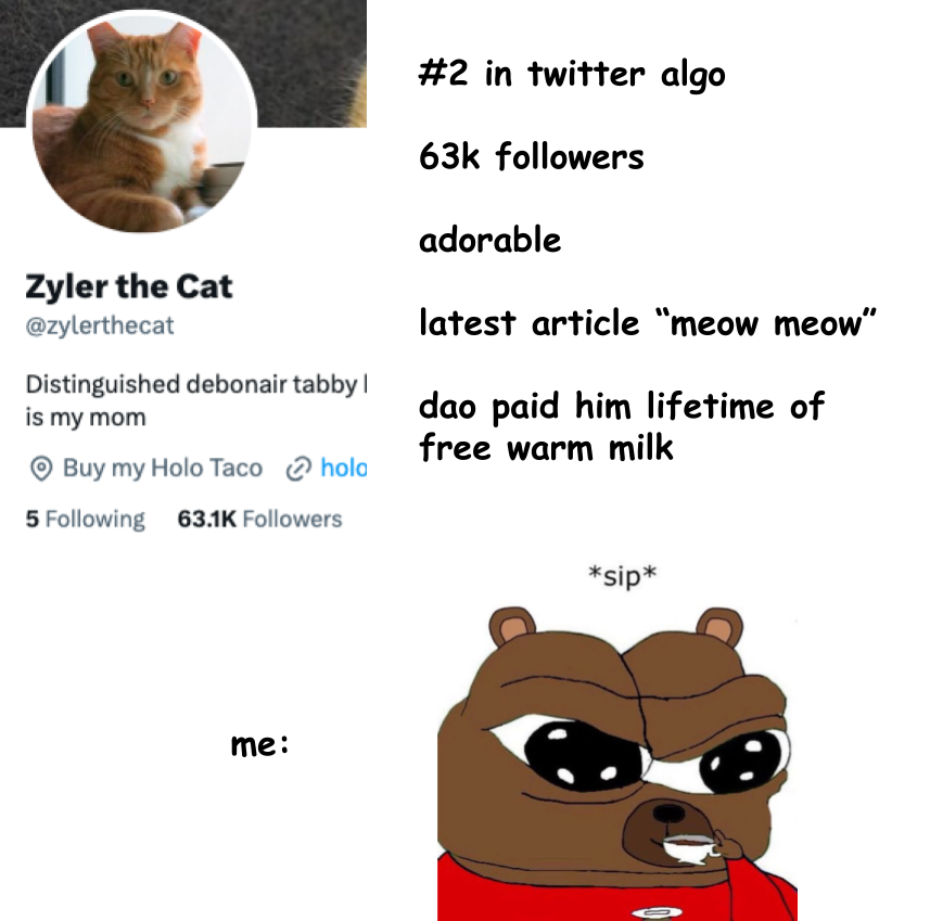 Zenocratez's tweet photo. Enjoy your #2 spot in the algo while it lasts @zylerthecat 

I'm coming for you you pussy 🫵

$ZNN #Zenon https://t.co/sv2H7ORhsU