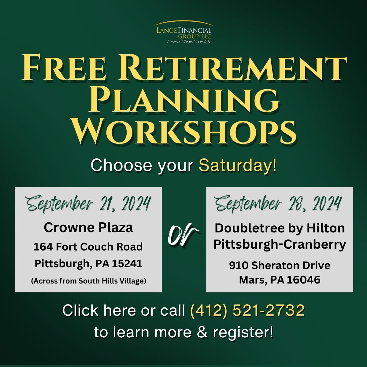 rothguy's tweet photo. Own a large IRA? Wondering how to make the most of it? 🔍
Join our FREE workshop on IRA and estate planning strategies.
🗓️ 9/21: Crowne Plaza, Pittsburgh
🗓️ 9/28: Doubletree Hilton, Cranberry
Seats are limited—register now: https://t.co/KeMNWCAT3T
#RetirementPlanning #IRASuccess https://t.co/2aI9jC31YL