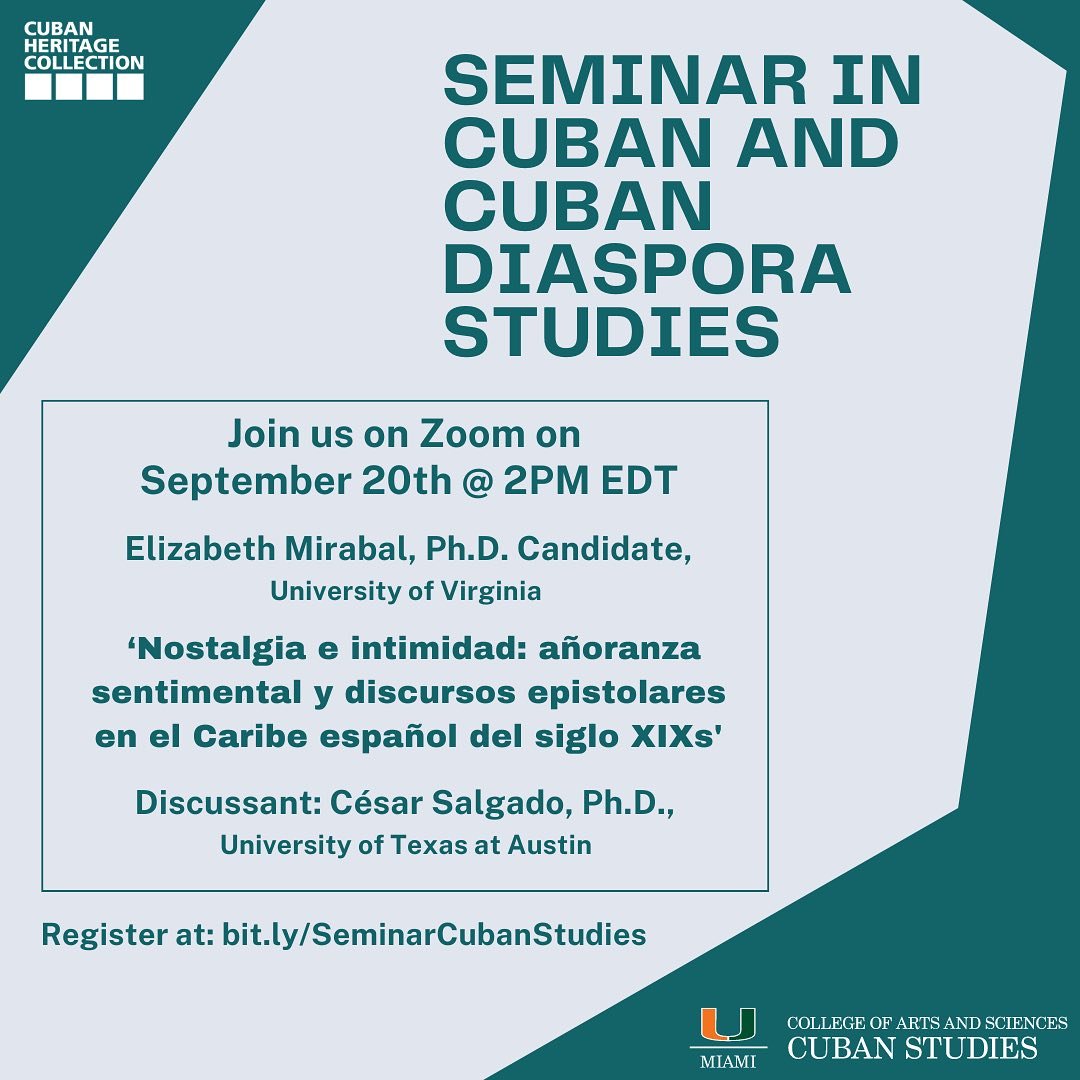 Michael J Bustamante, Ph.D. (@mj_busta) on Twitter photo First session of <a href="/umchc/">Cuban Heritage Collection</a>'s 2024-2025 Seminar in Cuban and Cuban Diaspora Studies is a week away. Not too late to register!
You can do so, and see the whole program for the year, here:
library.miami.edu/chc/seminar-cu… First session of <a href="/umchc/">Cuban Heritage Collection</a>'s 2024-2025 Seminar in Cuban and Cuban Diaspora Studies is a week away. Not too late to register!
You can do so, and see the whole program for the year, here:
library.miami.edu/chc/seminar-cu…