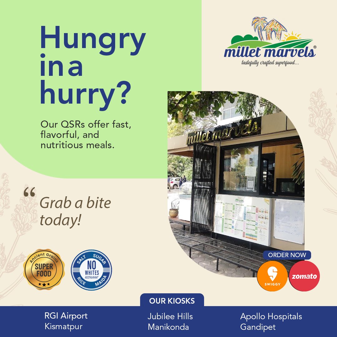 MilletMarvels's tweet image. On-the-go and hungry?

Millet Marvels is your go-to spot for fast, flavorful, and nutritious meals.

Our QSRs offer a variety of tasty millet-based dishes that will satisfy your cravings.

#MilletMarvels #QuickBite #Delicious #Hyderabad #Foodie #QSR #nutritiousmeals #satisfying