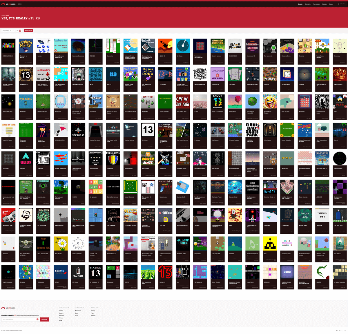 Aaand that's a wrap - we've accepted 180 games into #js13k 2024 already! We're still working with a couple of devs on some issues in their submissions, but hopefully it's a matter of 1-2 hours max to fix everything and accept the remaining entries.

Check out ALL the games: