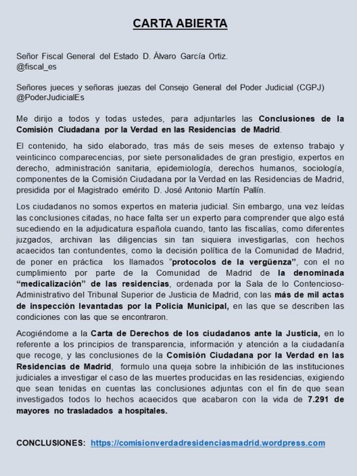 Bustingorri721's tweet photo. Esta es la carta que han mandado los familiares de las víctimas en las residencias de la Comunidad de Madrid. 

Nos piden difusión. 

Retuitead o subid esta captura. Hagámoslo viral. https://t.co/l1aB79IWMW
