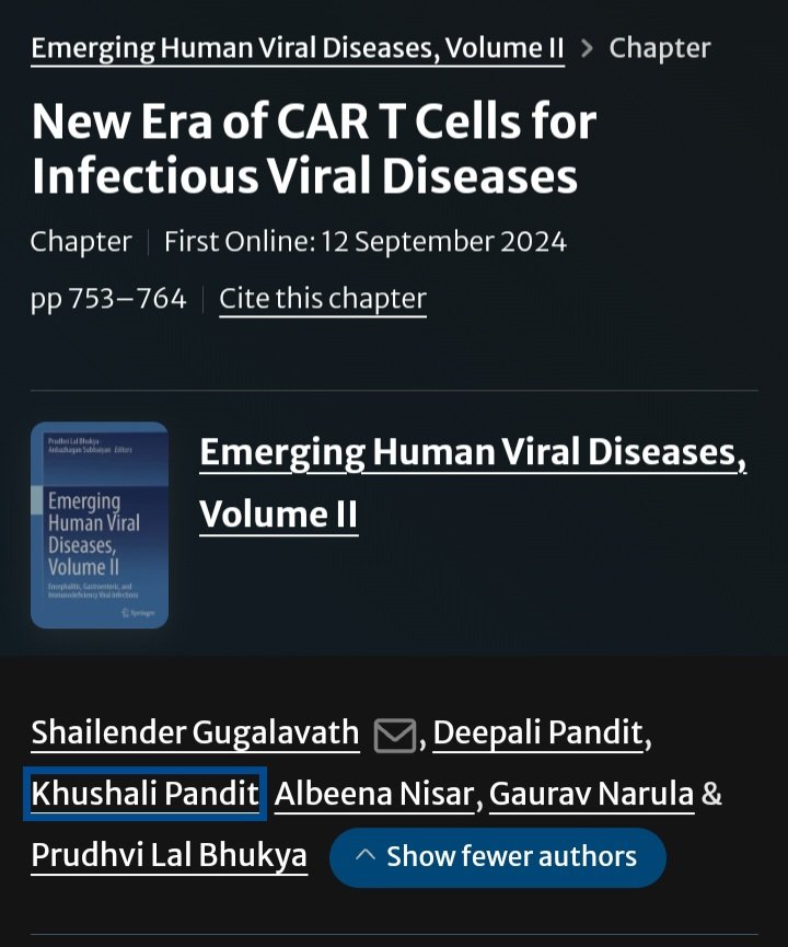 "Exciting news! My new book chapter, "New Era of CAR T Cells for Infectious Viral Diseases," is now available in Emerging Human Viral Diseases, Volume II. This research explores the potential of CAR T-cell therapy for treating infectious viral diseases.
[link.springer.com/chapter/10.100…]