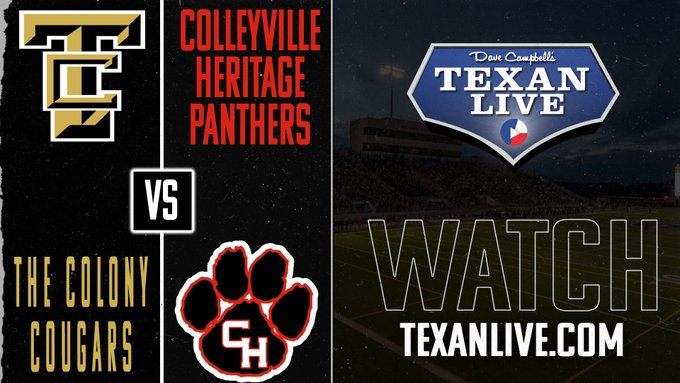 🏟️ Live from Tommy Briggs Stadium
🏈 <a href="/TCougarfootball/">TCHS Cougar Football</a> vs <a href="/CHHS_FOOTBALL/">CHHS Football</a> 
📅 Friday, September 13th
⏰ 7pm Kickoff
📹Live here:▶️bit.ly/Lhsfdhcf

#TXHSFB #dctf #DaveTexanlive

<a href="/TheColonyHS/">The Colony HS</a> 
<a href="/CHPantherPride/">Colleyville Heritage</a> 
<a href="/CHPanther_DECA/">Colleyville Heritage High School DECA</a> 
<a href="/PantherFBBoost/">CHHS Panther Football Boosters</a> 
<a href="/cody_spence1/">Cody Spence</a> 
<a href="/Bgrady21/">Coach Grady</a>