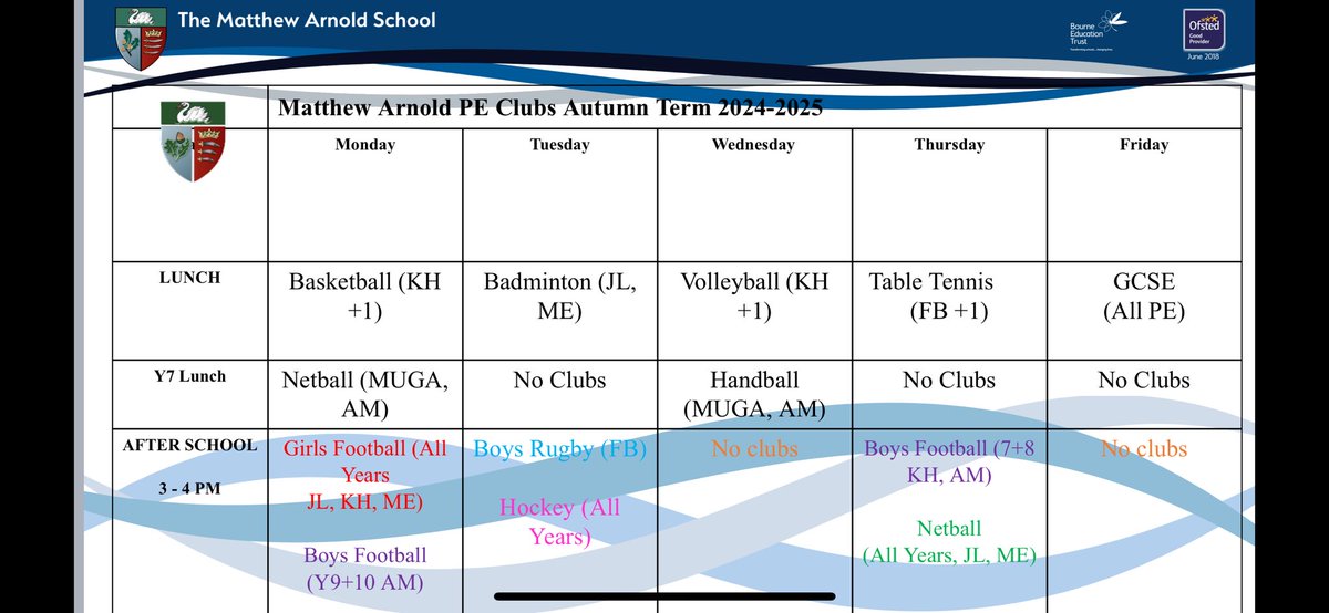 A new academic year brings a new host of after school and sporting lunch clubs. Please ask your PE teacher if you wish to know any more! <a href="/TMA_School/">The Matthew Arnold School</a>