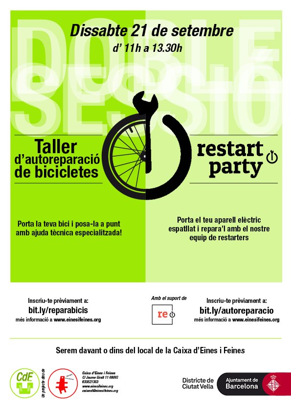 Tornen els tallers gratuïts d'#autoreparació de CdEF!
I, per celebrar l'inici de curs i l'arribada de la tardor, ho fan coincidint en la data.
Ds 21/9 a les 11h:
-#restartparty, inscripcions: bit.ly/autoreparacio
-#autoreparació de bicis, inscripcions: bit.ly/reparabicis
