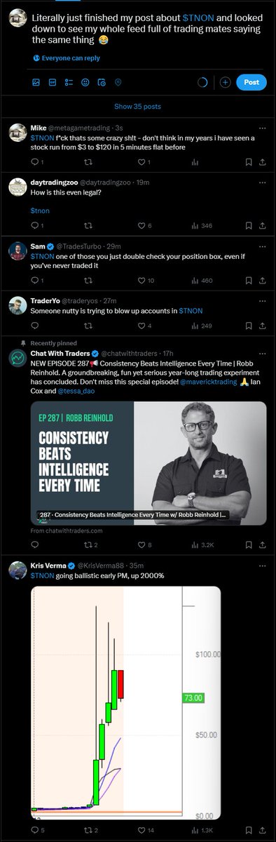 Literally just finished my post about $TNON and looked down to see my whole feed full of trading mates saying the same thing 😂