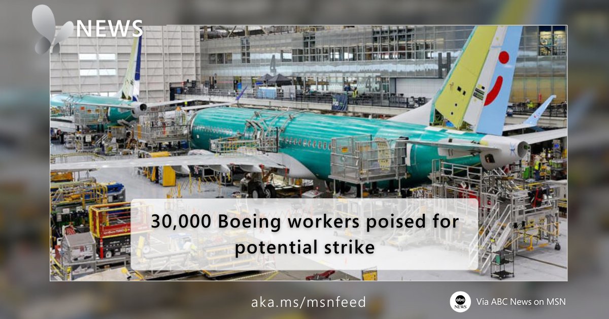 MSN's tweet photo. Tens of thousands of Boeing workers will cast their votes Thursday in a crucial decision that could lead to a major strike. With 33,000 workers across Washington, Oregon, and California.
Read more here: https://t.co/XtOntTeA66
#BoeingStrike #UnionVote https://t.co/4d7Gog6D0N