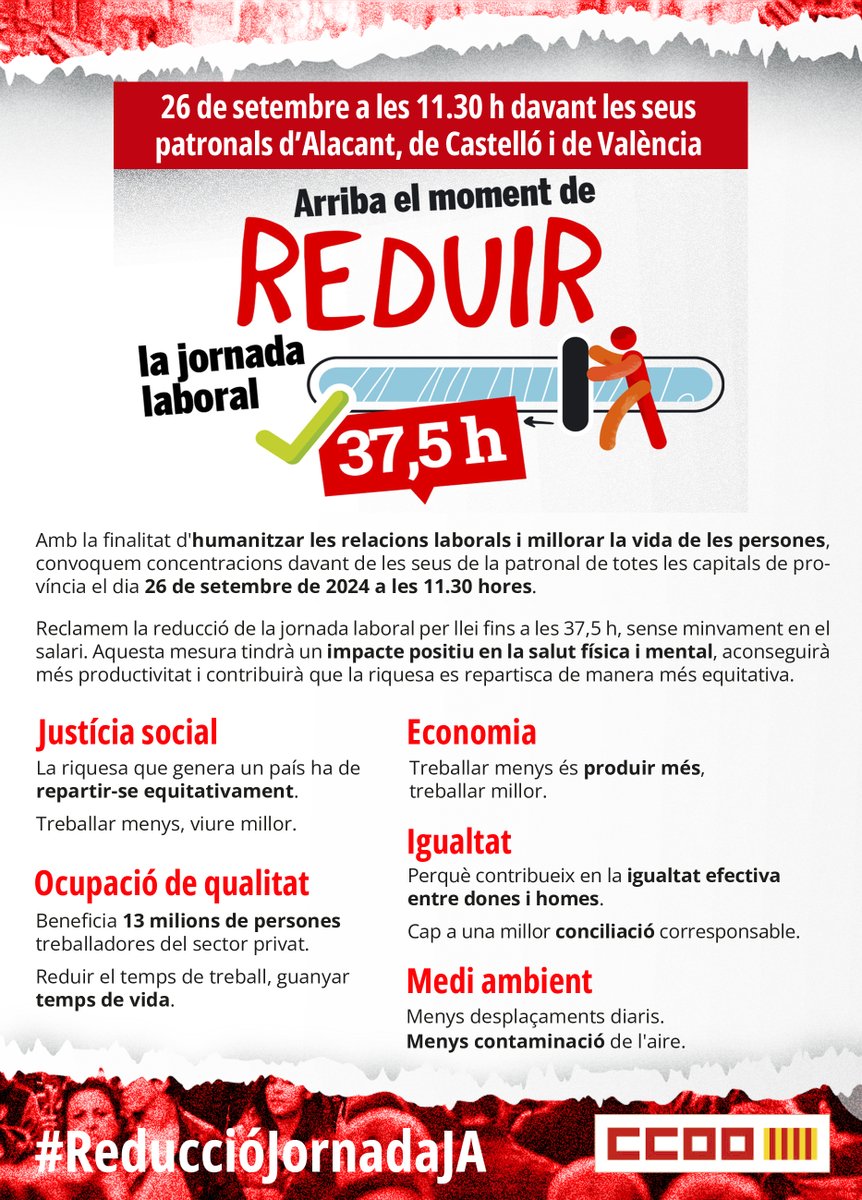 ccoopv's tweet photo. 📆26S🕦11.30h 📍Seus patronals provincials
📣Mobilitza't amb @ccoopv per a millorar la vida i la salut de milions de persones.
💬Una #ReduccióJornadaJA fins a les 37,5 hores sense reducció salarial: +productivitat i repartiment + equitatiu de la riquesa 
🔗https://t.co/FG5GmNTbVW https://t.co/y7ndH9yjH3