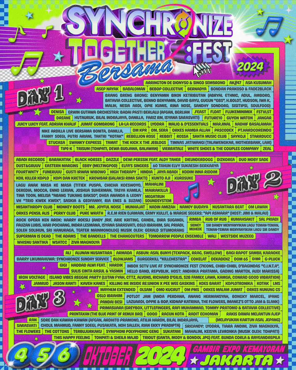 Ini dia lineup <a href="/SynchronizeFest/">Synchronize Festival</a> 2024. Bakal ada 160 penampil dengan narasi dan ekspresi Indonesia dalam bentuk pertunjukan musik lintas zaman dan lintas khatulistiwa.

Sampai jumpa di 4, 5, 6 Oktober 2024 di Gambir Expo Kemayoran.
Let's have fun #TogetherBersama