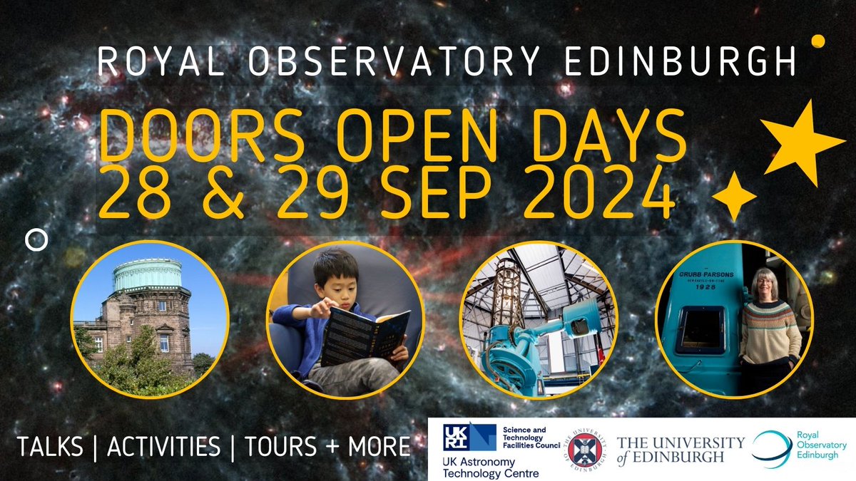 Have you signed up yet? Just two weeks to go until #ROEOpen on 28 &amp; 29 Sep. 

Talks, tours, crafts, demos and more as we open the doors at the Royal Observatory Edinburgh. 🔭🌟🖍️

Free tickets 👉eventbrite.co.uk/o/royal-observ…

#DoorsOpenDays