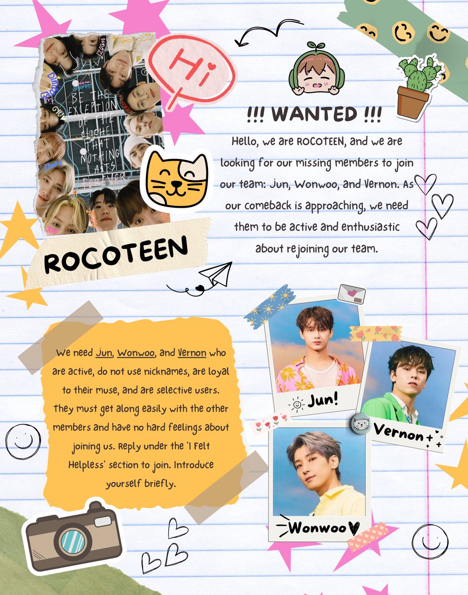 ROCOTEEN's tweet photo. We announce ROCOTEEN are looking for JUN, WONWOO, and VERNON. This team is looking for its final one member to complete the group, and is inviting interested individuals to join by replying to ROCOTEEN’s post. We demand him who selective, no nick, and active to join us. https://t.co/MEa0KnEoIf