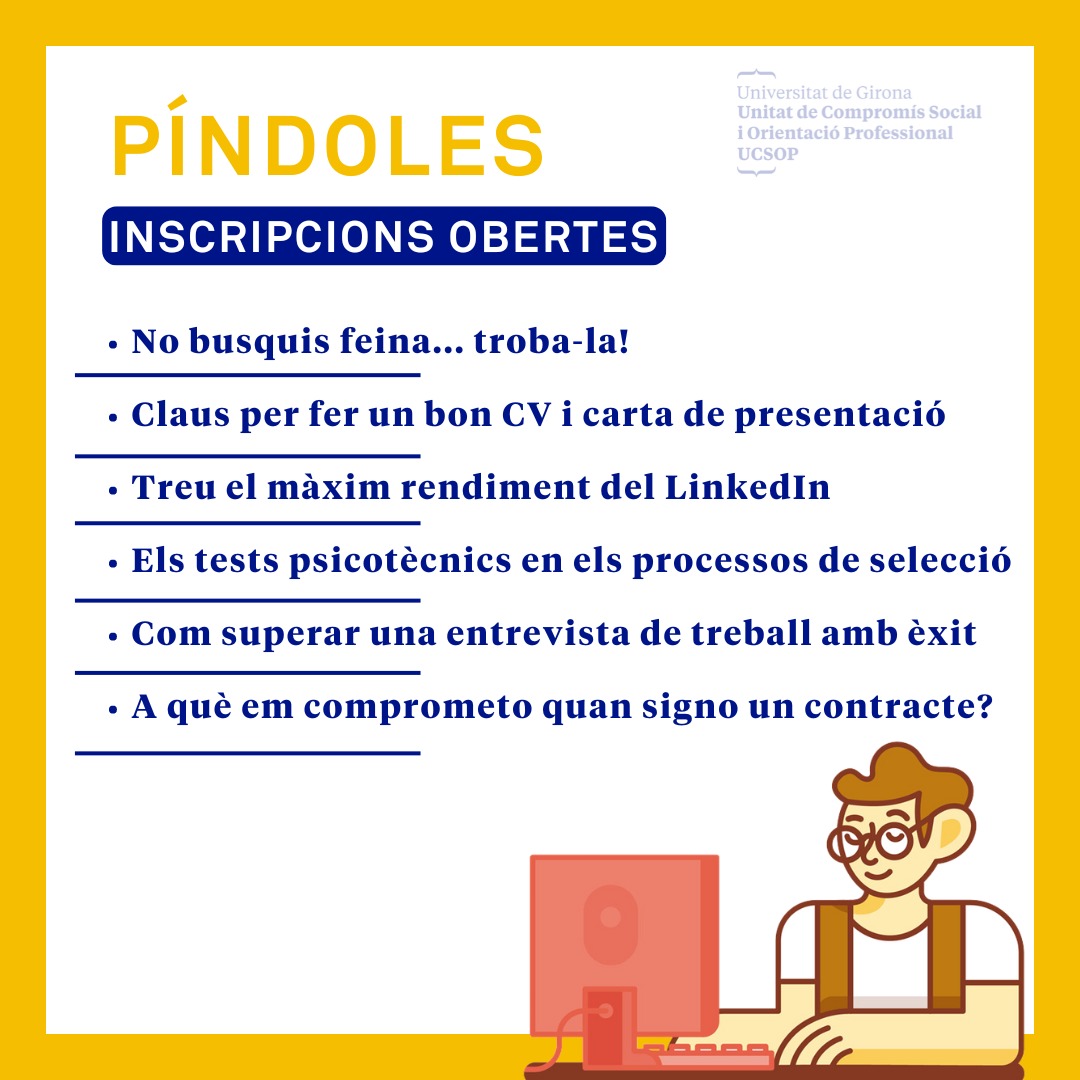 🎯Vols aconseguir el teu objectiu laboral 

🔓INSCRIPCIONS OBERTES per a les píndoles d'orientació professional!

💼 No et perdis l'oportunitat de millorar les teves habilitats i triomfar en el procés de selecció. 

✍️Apunta't ara!➡️bit.ly/3Qi1RA4