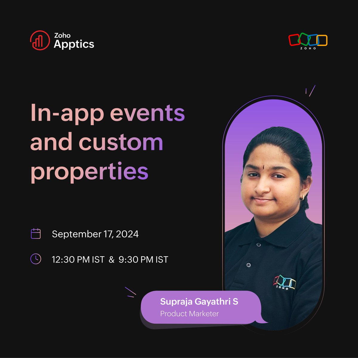ZohoApptics's tweet image. 📣Upcoming #Webinar alert!
Join us on the 17th of September for a #FreeSession on In-app #Events and #CustomProperties. Learn how to leverage #Insights on #UserInteractions to enhance #AppEngagement using Apptics. 
Register now - zoho.to/UOd
#AppDevelopment #Analytics