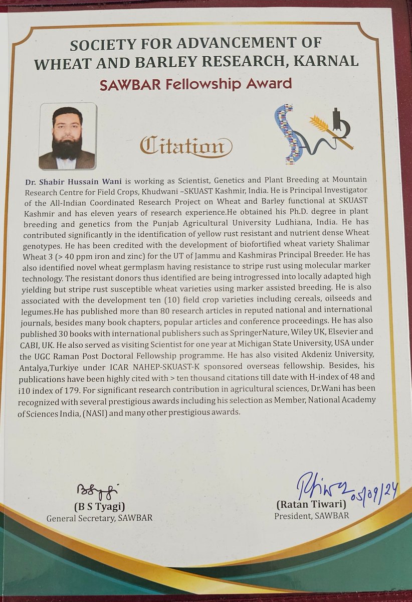 Shabir Hussain Wani (@shabirwani20) on Twitter photo I am glad to share that I have been honoured with SAWBAR Fellowship 2024 in Crop Improvement by the Society for Advancement of Wheat and Barley Research Sawbar <a href="/WheatInitiative/">Wheat Initiative</a> <a href="/CIMMYT/">CIMMYT</a> <a href="/IcarIiwbr/">ICAR- Indian Institute of Wheat & Barley Research</a> <a href="/IndianBotanists/">Indian Botanists</a> <a href="/skuast_kashmir/">SKUAST Kashmir</a> I am glad to share that I have been honoured with SAWBAR Fellowship 2024 in Crop Improvement by the Society for Advancement of Wheat and Barley Research Sawbar <a href="/WheatInitiative/">Wheat Initiative</a> <a href="/CIMMYT/">CIMMYT</a> <a href="/IcarIiwbr/">ICAR- Indian Institute of Wheat & Barley Research</a> <a href="/IndianBotanists/">Indian Botanists</a> <a href="/skuast_kashmir/">SKUAST Kashmir</a>