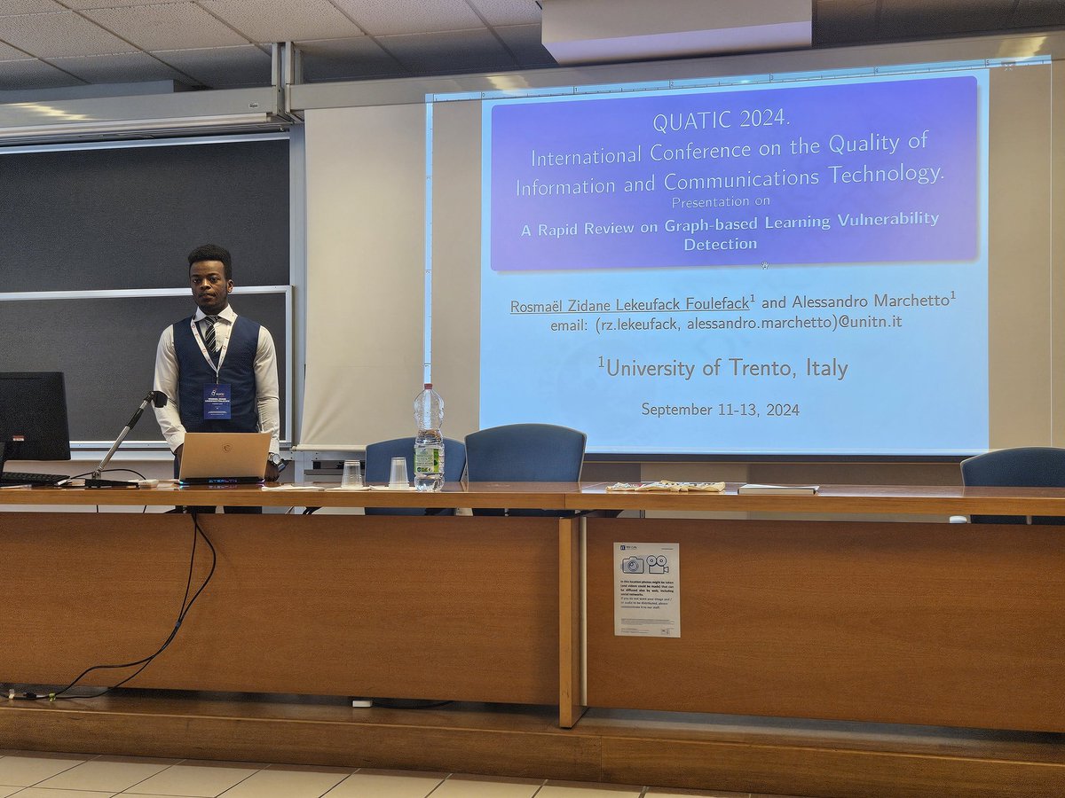 Let's start our last #QUATIC2024 session on Security and Privacy with the talk of Rosmael Zidane Lekeufack Foulefack on A Rapid Review on Graph-based Learning Vulnerability Detection