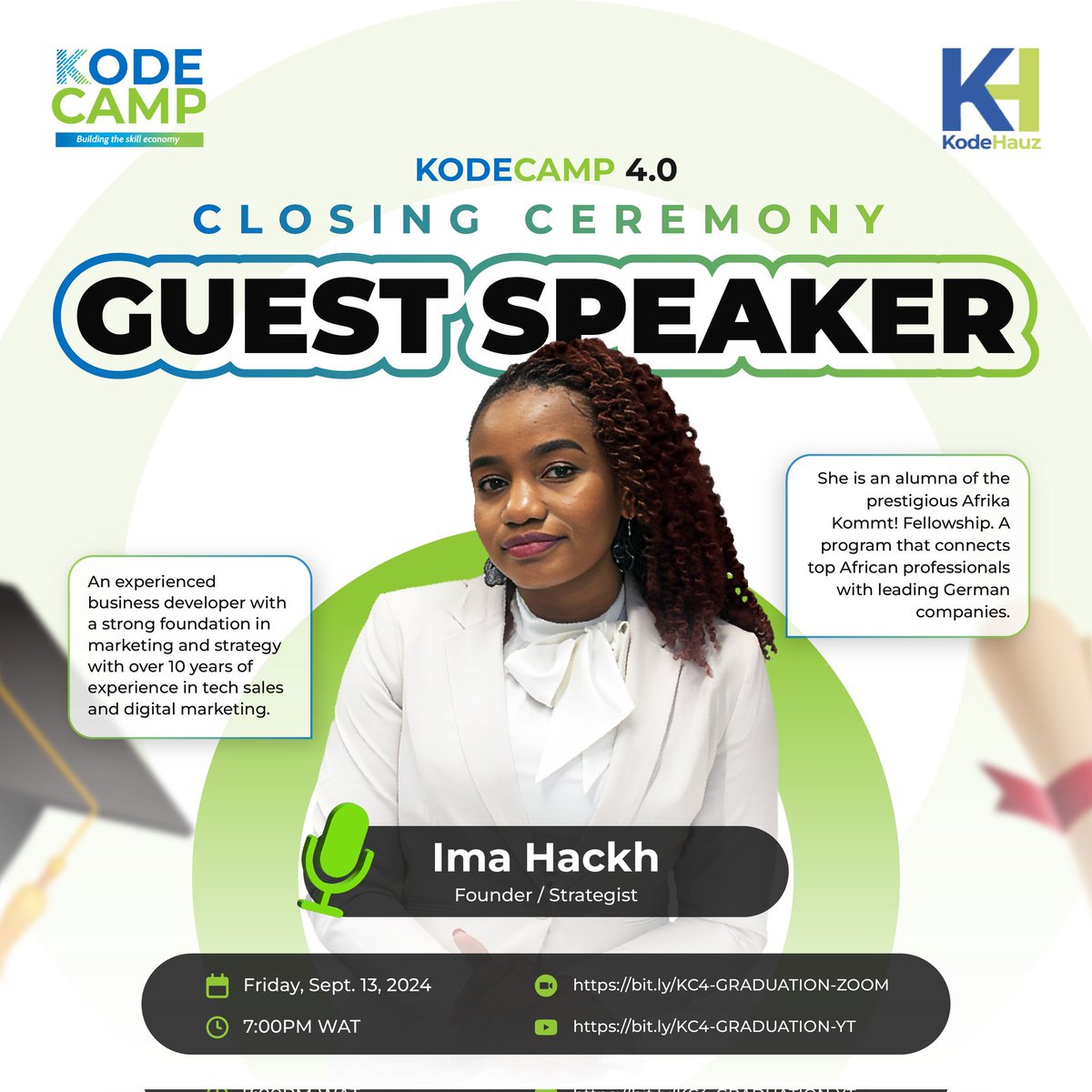 AkubueLawrence's tweet image. 📍Join us virtually to celebrate this milestone and witness the start of new journeys in tech.

🗓 Date: Friday, September 13, 2024
⏰ Time: 7:00 PM (WAT)

YouTube: bit.ly/KC4-GRADUATION…
Zoom: bit.ly/KC4-GRADUATION…