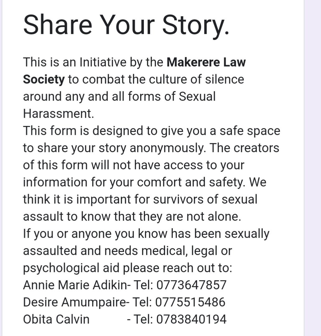 Makerere Law Society | President (@maklawpresident) on Twitter photo The <a href="/lawsocietymak/">Makerere Law Society(MLS)</a> MLS has launched the #WhosNext campaign to create a safe anonymous space for victims of sexual harassment to come out. Bullying victims into silence should stop. Silence is condonation!!!
forms.gle/P8LfQxGXuCTksX… The <a href="/lawsocietymak/">Makerere Law Society(MLS)</a> MLS has launched the #WhosNext campaign to create a safe anonymous space for victims of sexual harassment to come out. Bullying victims into silence should stop. Silence is condonation!!!
forms.gle/P8LfQxGXuCTksX…