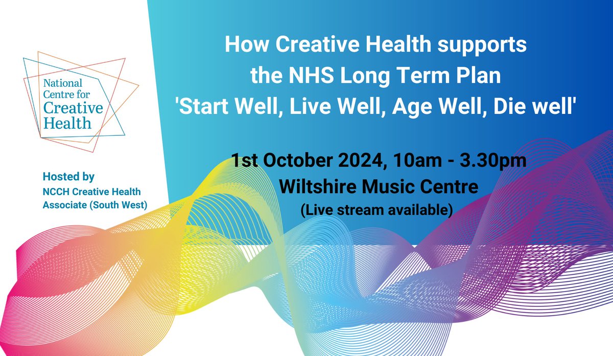 The National Centre for Creative Health (@thencch) on Twitter photo We have now added a live stream option to our
<a href="/Associates_NCCH/">CreativeHealthAssociates</a> event discussing: How Creative Health supports the NHS Long Term Plan.
1st October 2024, 10am - 3.30pm <a href="/wiltshiremusic/">Wiltshire Music Centre</a>
Can't make it on the day, join us via live stream!
Find out more eventbrite.co.uk/e/how-creative… We have now added a live stream option to our
<a href="/Associates_NCCH/">CreativeHealthAssociates</a> event discussing: How Creative Health supports the NHS Long Term Plan.
1st October 2024, 10am - 3.30pm <a href="/wiltshiremusic/">Wiltshire Music Centre</a>
Can't make it on the day, join us via live stream!
Find out more eventbrite.co.uk/e/how-creative…