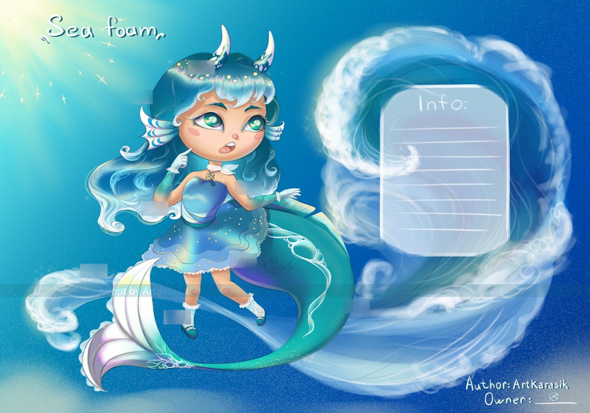 ArtKarasik's tweet image. 🌊 SEA FOAM 🌊

❗ AUCTION❗

A child of the sea and the sandy shore.
Energetic, easily frustrated.
Friends with the wind

Sb: $25
Min: $1
Ab1: $100
Ab2: $200 (+commercial use)

Payment: Boosty

Auction ends 48 hours after the last bid
#Chibiadopt #Adopt