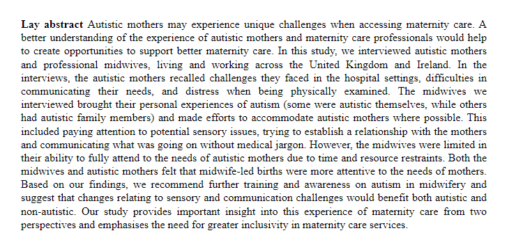 Newly published research by Laura Moore,
<a href="/Sarah_Foley_/">Sarah Foley</a> and <a href="/LarkinFi/">Fionnuala Larkin</a>
describes experiences of receiving and providing maternity care for autistic adults

Thread by Sarah Foley and links below