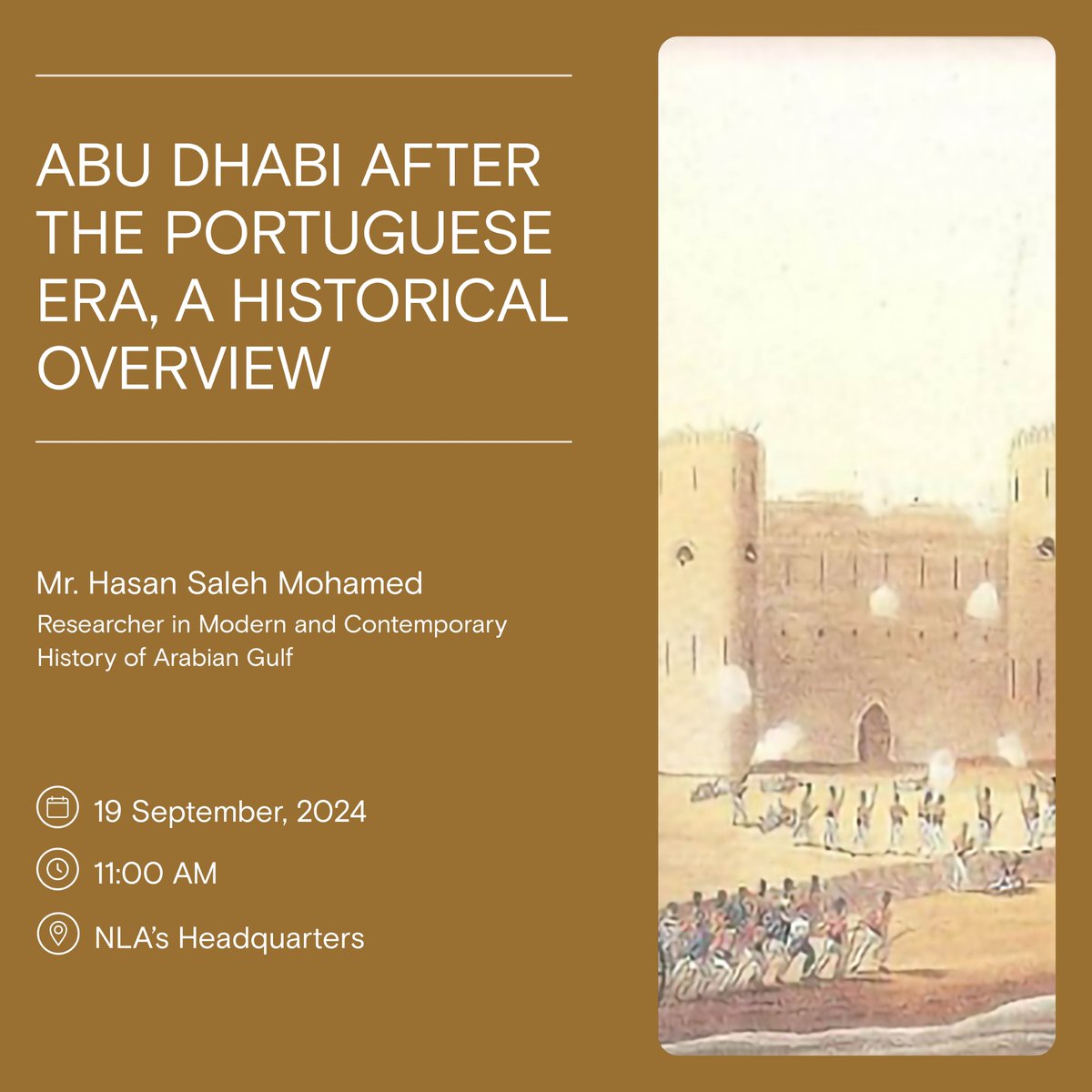Nlauae's tweet image. We invite you to join us for a lecture on ‘Abu Dhabi After the Portuguese Era, A Historical Overview’ by Mr. Hasan Saleh Mohamed, an expert in Arabian Gulf history, on 19 September.

*The lecture will be in Arabic.

#NLA #NationalLibraryAndArchives #NationalLibrary…