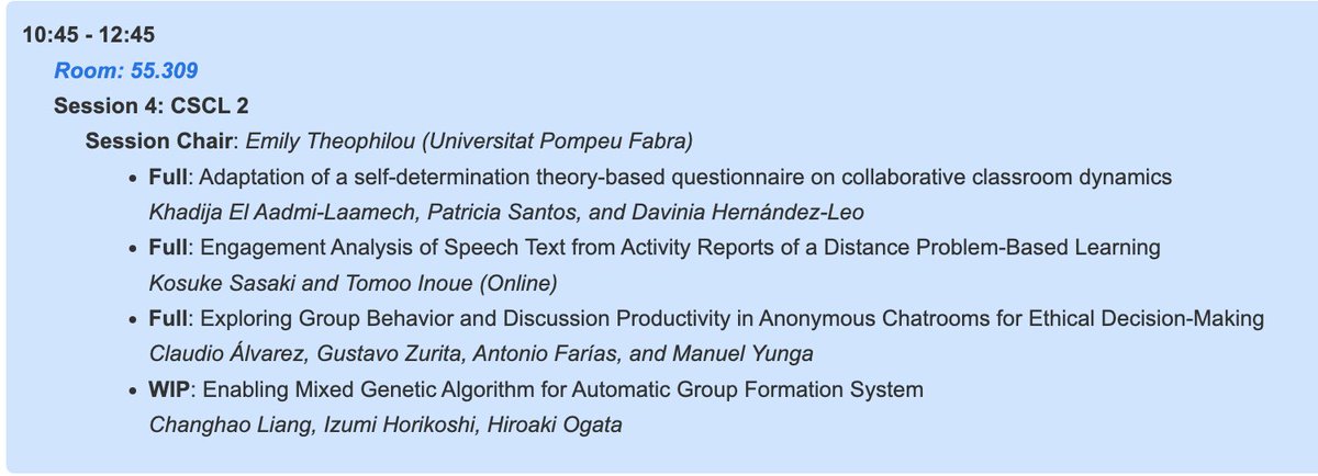 TIDE_UPF's tweet image. In session 4 of #CollabTech24 there are four papers to be presented focused on #CSCL Computer-Supported Collaborative Learning. See the papers in the conference proceedings at link.springer.com/book/10.1007/9…
