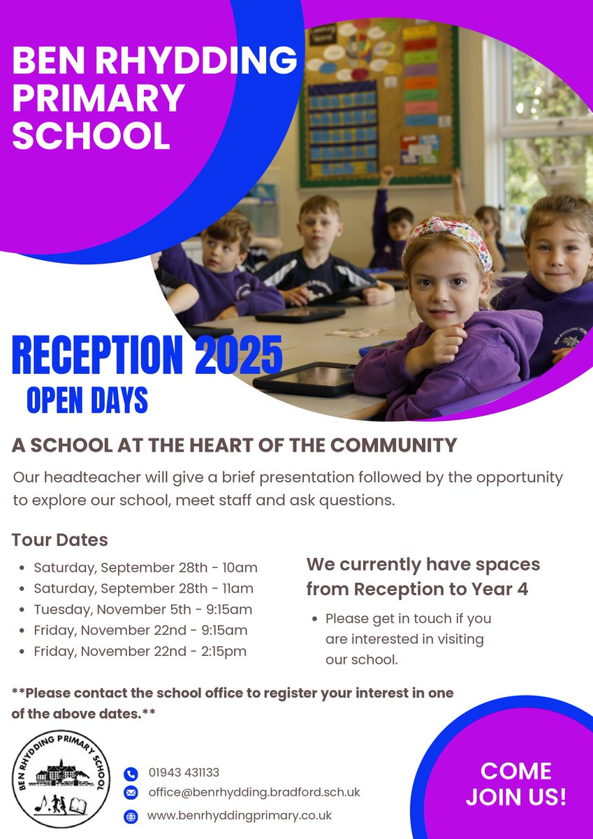 Come join us for one of our upcoming Open Days.  Have a look around the school, meet staff and ask questions.  We look forward to meeting you.  benrhyddingprimary.co.uk/admissions/sep…