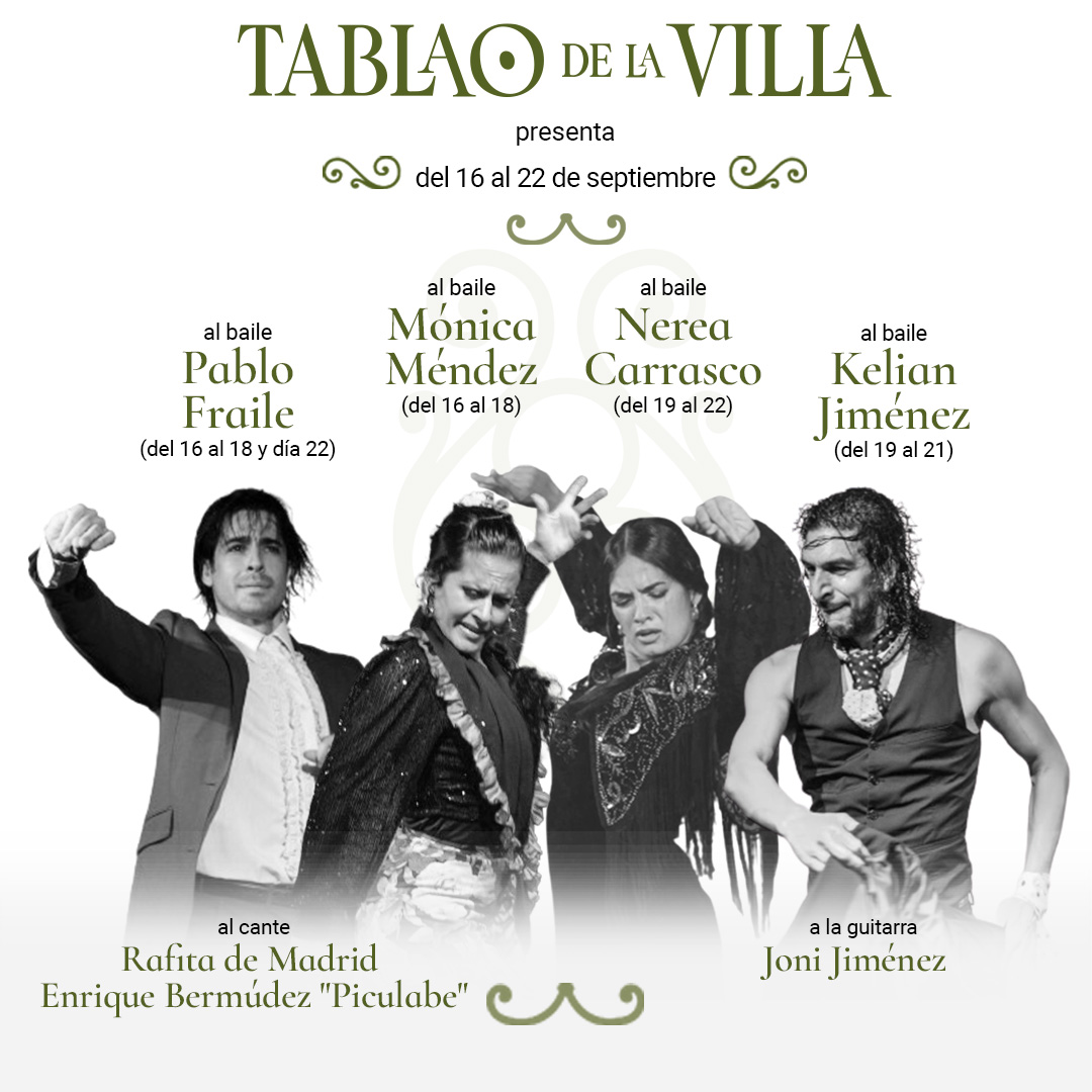 Programación del #TablaodelaVilla en el centro histórico de #Madrid del 16 al 22 de septiembre.

Reservas:
+34 912 042 428
tablaodelavilla.com