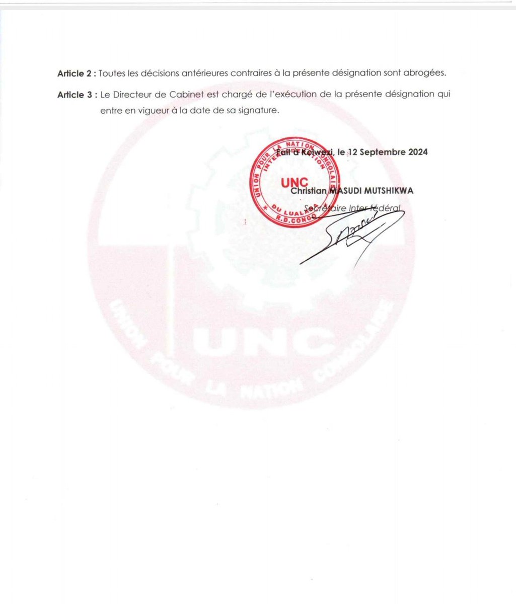 coeurdafriqueM's tweet photo. Le numéro 1 de l'inter-fédération de L'UNC/lualaba @ChristianMasud_  désigne à titre provisoire les membres de l'inspection Inter-federal de l'UNC/Lualaba  en vertu du pouvoir lui conféré par le PN, le camarade @KabambaVanel désigné inspecteur provincial https://t.co/EfjXtNLmze
