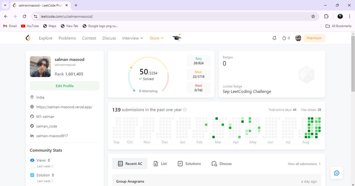 salman_code's tweet image. Finally 50 questions solved on Leetcode.