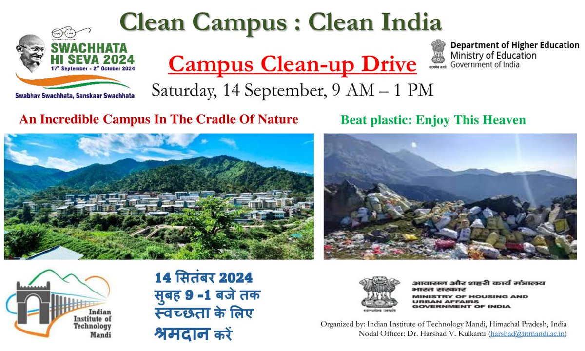 IIT Mandi (@iit__mandi) on Twitter photo Under the campaign of "Swachhata Hi Seva-2024" IIT Mandi announces a Cleanliness Drive which will be organized on 14.09.2024, 9:00AM to 1:00PM. For registrations click:
docs.google.com/forms/d/e/1FAI…
<a href="/EduMinOfIndia/">Ministry of Education</a>
<a href="/SwachhBharatGov/">Swachh Bharat Urban</a>
<a href="/swachhbharat/">Swachh Bharat Mission - Grameen</a>
<a href="/MoHUA_India/">Ministry of Housing and Urban Affairs</a>
<a href="/MoJSDDWS/">Department of Drinking Water & Sanitation (#DDWS)</a>
#SHS2024 Under the campaign of "Swachhata Hi Seva-2024" IIT Mandi announces a Cleanliness Drive which will be organized on 14.09.2024, 9:00AM to 1:00PM. For registrations click:
docs.google.com/forms/d/e/1FAI…
<a href="/EduMinOfIndia/">Ministry of Education</a>
<a href="/SwachhBharatGov/">Swachh Bharat Urban</a>
<a href="/swachhbharat/">Swachh Bharat Mission - Grameen</a>
<a href="/MoHUA_India/">Ministry of Housing and Urban Affairs</a>
<a href="/MoJSDDWS/">Department of Drinking Water & Sanitation (#DDWS)</a>
#SHS2024