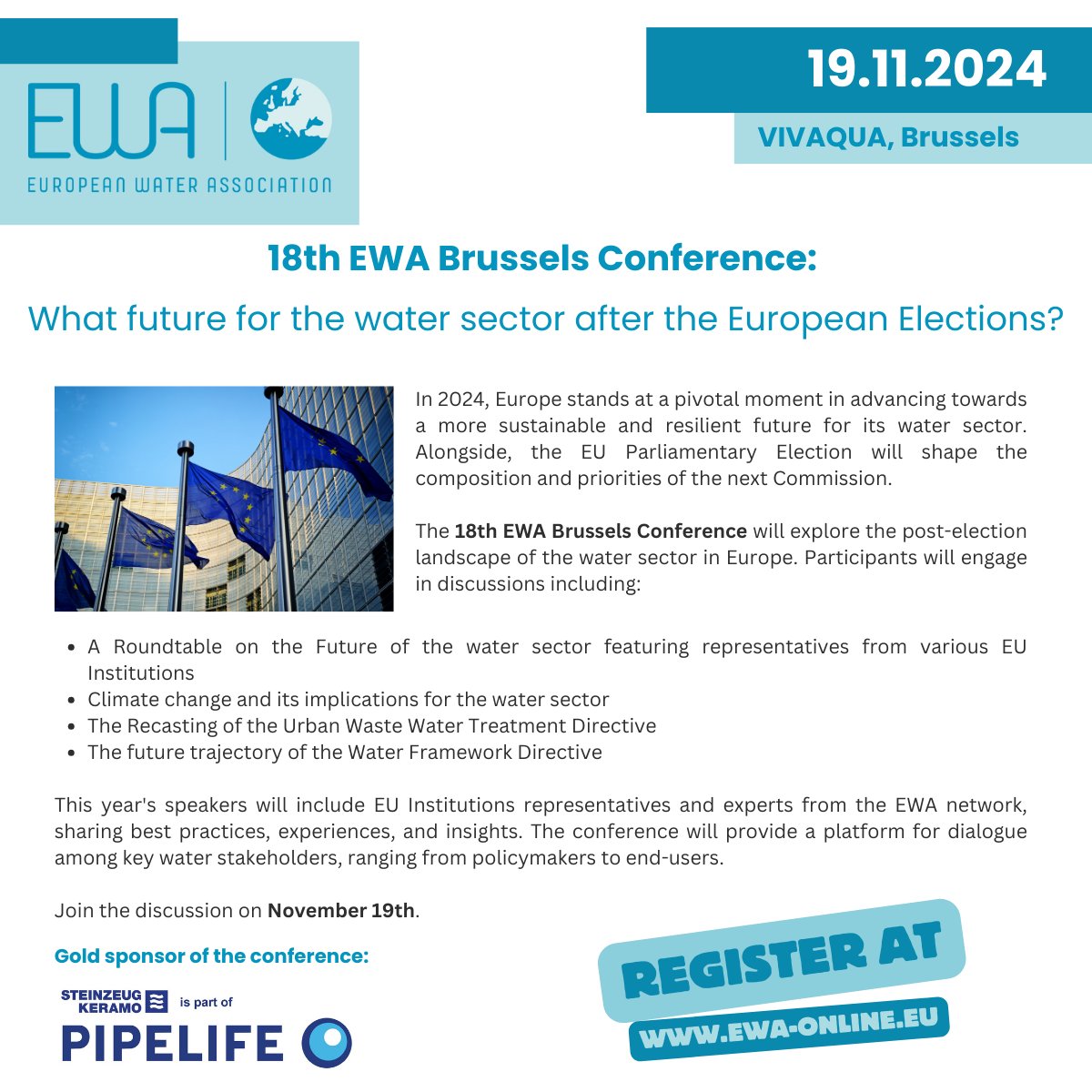 📢Registrations for our 18th Brussels Conference are open. On the agenda: What future for the #water sector after the European Elections? We will talk about the #UWWTD, #WFD and much more.

Check out our program and register online: t1p.de/h8sed