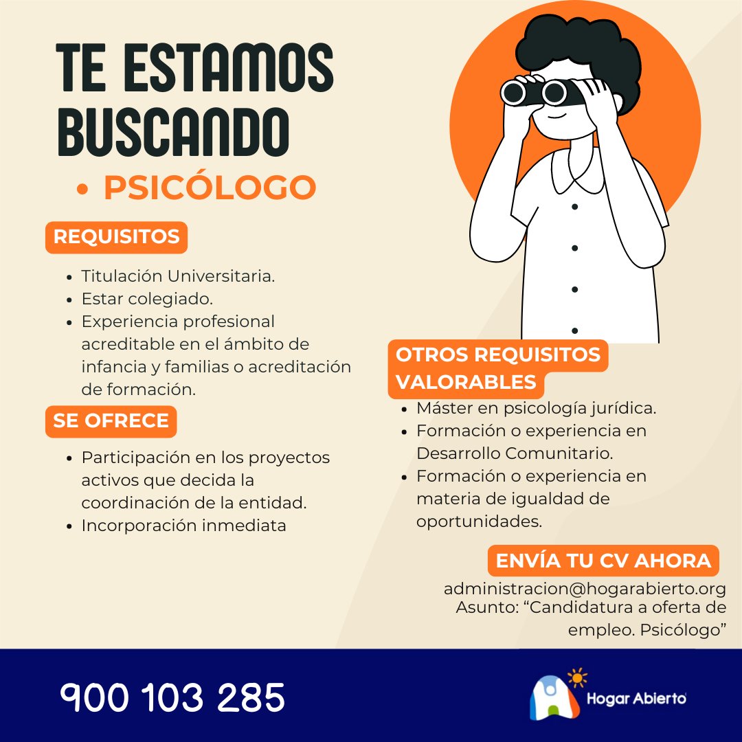 📷 ¡OFERTA DE EMPLEO!
Si estás interesado o conoces a alguien no dudes en hacérnoslo llegar, estaremos encantados de leerte.
Envía tu cv:
administracion@hogarabierto.org Indicando en el asunto: "Candidatura a oferta de empleo. Psicólogo"
#EmpleoMalaga #TrabajoMalaga