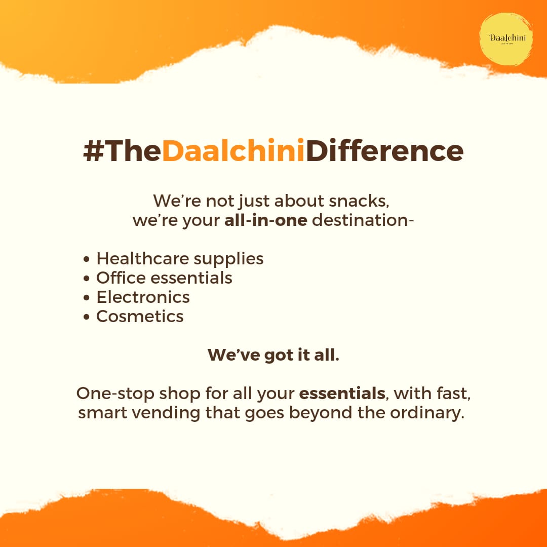 Discover the Daalchini Difference!🌟 

We’re not just a vending machine service, we’re your ultimate solution for convenience.

Our smart vending machines offer healthcare, office supplies, electronics, and more—all in one place. Convenience at your fingertips!💡