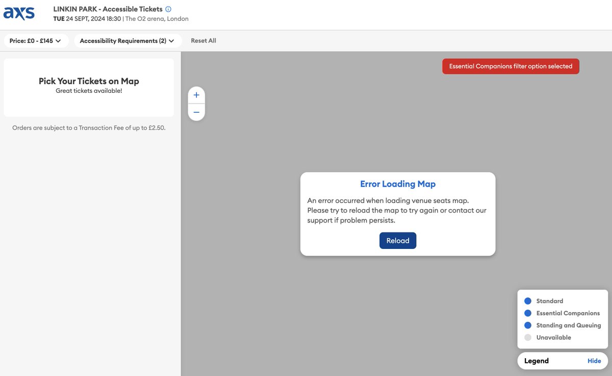 MaFt's tweet image. And the shitshow of buying accessible gig tickets strikes again! Can&apos;t book 4 tickets on website so need to phone. Line been busy since 9:30am - called over 50 times. Online booking just says &apos;error loading map&apos; after going through the queue system... #LinkinPark #DisabledAccess