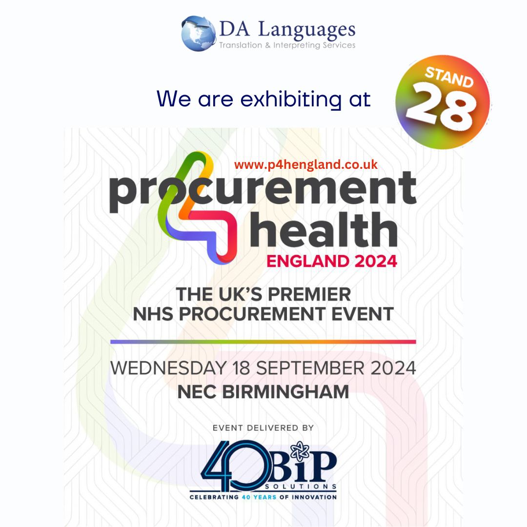 dalsltd's tweet photo. We are pleased to announce that DA Languages is attending Procurement for Health England 2024 on Wednesday 18th September

We will be exhibiting at the event held at #BirminghamNEC. Come and find us at stand 28!

#P4HEngland #publicsector #procurement #healthcare #suppliers #NHS https://t.co/368JTlnC14