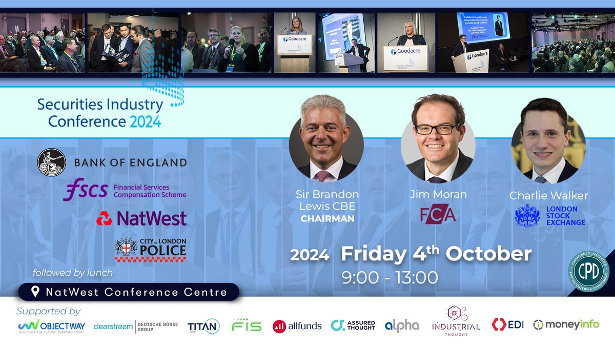 Last chance to book! Join us at the Securities Industry Conference on 4th Oct, chaired by Rt Hon Sir Brandon Lewis CBE. Hear from top execs at FCA, HMRC, Bank of England &amp; more. Free for senior investment co-reps. Earn 4 CPD hours. Book now: goodacreuk.com/events/forthco… #Finance #CPD