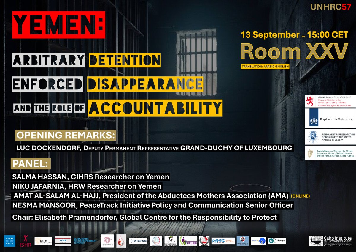 Peace_Track's tweet photo. Today, continue our advocacy for better protection of #WRDs in #Yemen, along with @CIHRS_Alerts , @hrw , and @abducteesmother our colleague @NesmahMansoor shares the grave situation of the crackdown on civil society in Yemen.
Watch the side event live : https://t.co/7o8MOEt1Bj https://t.co/oa0dvEvgJt