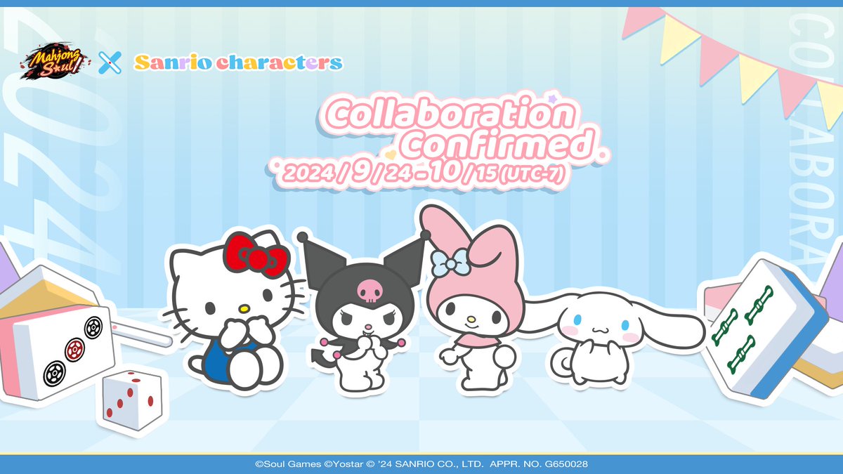 MahjongSoul_EN's tweet photo. Mahjong Soul × Sanrio characters - Collab Confirmation!

Stay tuned for more details! Giveaway info in the post below!

Follow our X, Facebook and Discord to get the latest news for the collab event!

Official Discord: https://t.co/CbHtoWEO3y

#MahjongSoul #Yostar #Sanrio https://t.co/RiBZMiPI6w