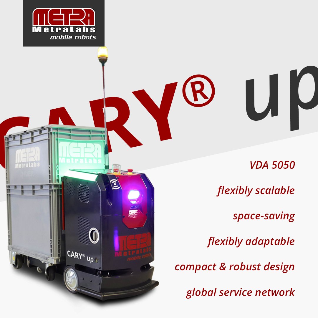 #AMR CARY® up can work with its own #fleet manager &amp; as well as with a #VDA5050 interface -&gt; a needs-based #transportation of materials. Compact #robots enable a space-saving #material #flow. It can also be adapted for transporting other #load #carriers metralabs.com/en/amrs-cary/