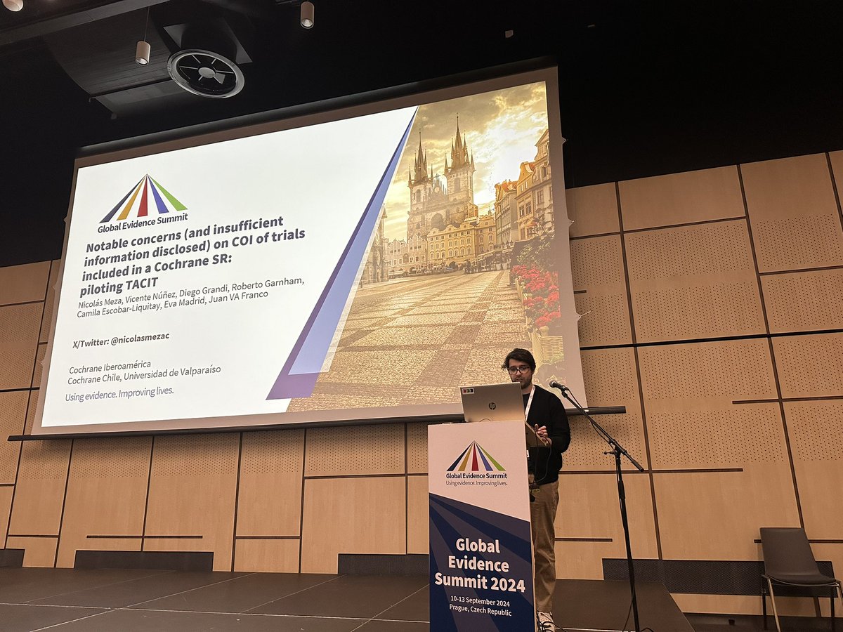 CochraneIberoamerica (@cochraneiberoam) on Twitter photo Comienzan las presentaciones orales. Abre la mañana <a href="/nicolasmezac/">Nicolás Meza</a> de <a href="/CochraneIberoam/">CochraneIberoamerica</a> y <a href="/uvalpochile/">Universidad de Valparaíso</a> que nos comparte los resultados de una prueba piloto de la herramienta TACIT para evaluar conflictos de interés en ensayos clínicos incluidos en una revisión Cochrane.
#GES2024 Comienzan las presentaciones orales. Abre la mañana <a href="/nicolasmezac/">Nicolás Meza</a> de <a href="/CochraneIberoam/">CochraneIberoamerica</a> y <a href="/uvalpochile/">Universidad de Valparaíso</a> que nos comparte los resultados de una prueba piloto de la herramienta TACIT para evaluar conflictos de interés en ensayos clínicos incluidos en una revisión Cochrane.
#GES2024