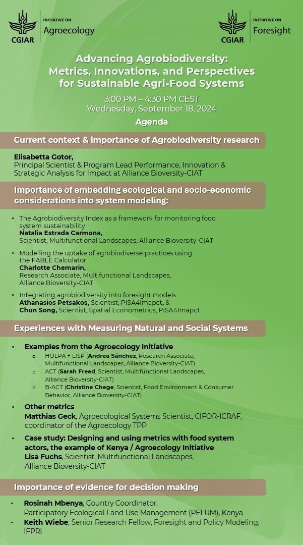 Agroecology Coalition (@agroecologygoal) on Twitter photo 💡Do not miss the webinar by <a href="/CGIAR/">CGIAR</a> #AgroecologyInitiative on "Advancing Agrobiodiversity: Metrics, Innovations, and Perspectives for Sustainable Agri-Food Systems"
📅18 September 2024
🕓3 PM - 4:30 PM CEST
📝Register buff.ly/3Z1YsdR 
🎙️Spanish and French
Agenda 👇 💡Do not miss the webinar by <a href="/CGIAR/">CGIAR</a> #AgroecologyInitiative on "Advancing Agrobiodiversity: Metrics, Innovations, and Perspectives for Sustainable Agri-Food Systems"
📅18 September 2024
🕓3 PM - 4:30 PM CEST
📝Register buff.ly/3Z1YsdR 
🎙️Spanish and French
Agenda 👇