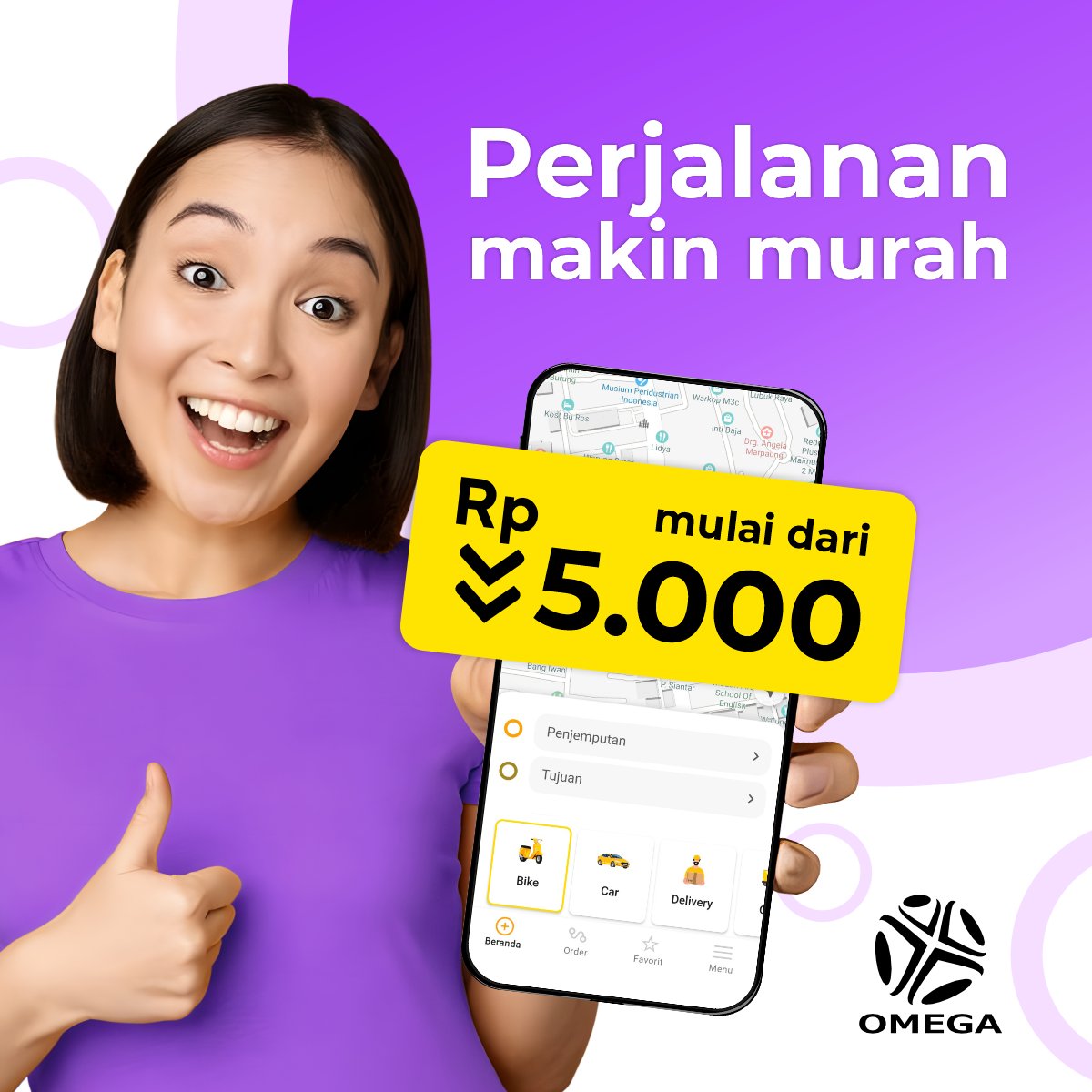 Omega_hemat's tweet photo. Jalan-jalan asyik, dompet gak panik. Cuma Rp 5.000. Perjalanan aman dan nyaman, harganya juga bikin senyum 💜. #ojol #ojek https://t.co/gYVmXIK6PB