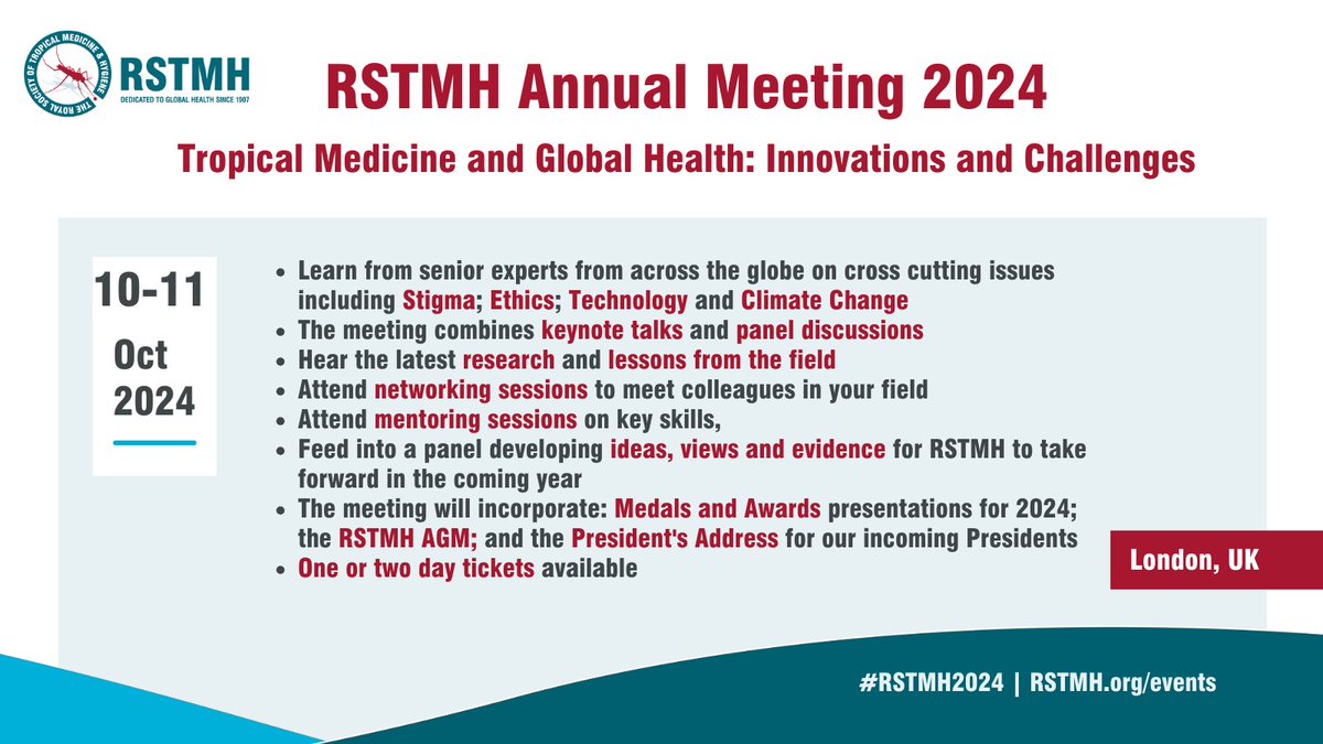 RSTMH's tweet image. Join us at the RSTMH Annual Meeting 2024 on the theme of Tropical Medicine and Global Health: Innovations and Challenges.

10-11 October at Coin Street Conference Centre, London

Book your place now: rstmh.org/events/rstmh-a…

#globalhealth #tropmed #research
