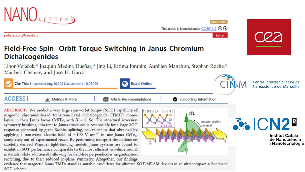 "Field-Free  Spin–Orbit Torque Switching in Janus Chromium Dichalcogenides" @nanoLetters - prediction of highly efficient capability of  ultracompact 2D materials for all in one magnetization reversal control #spintronics #2dmaterials #MRAM
pubs.acs.org/doi/10.1021/ac…
