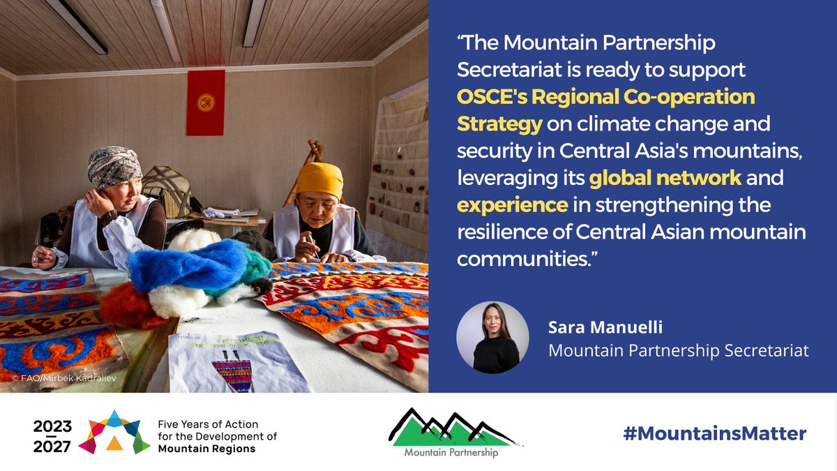 UNmountains's tweet photo. “The Mountain Partnership Secretariat is ready to support @OSCE 's Regional Co-operation Strategy on climate change and security in Central Asia's mountains, leveraging its global network and experience” - @FAO’s Sara Manuelli tells the 31st #EEFOSCE
#MountainsMatter https://t.co/kXqQKXWnss