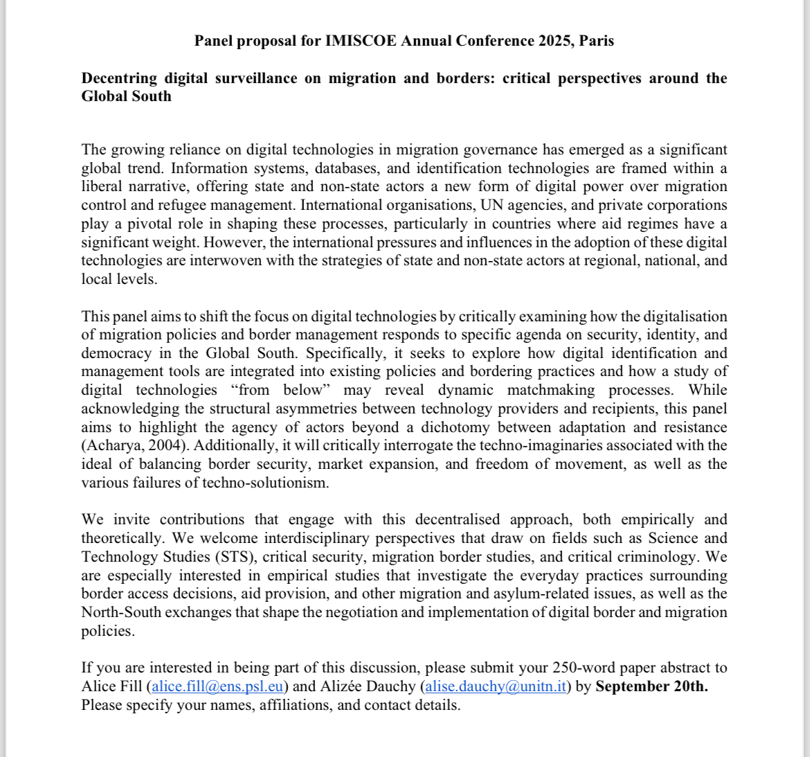 AliceFill_'s tweet photo. ✨Call for papers for #IMISCOE Annual Conference 2025✨ Interested in border and migration tech around the Global South? Send your abstract to @alizeedauchy and me before September 20th! Looking forward! https://t.co/s5mJmuN5Xz