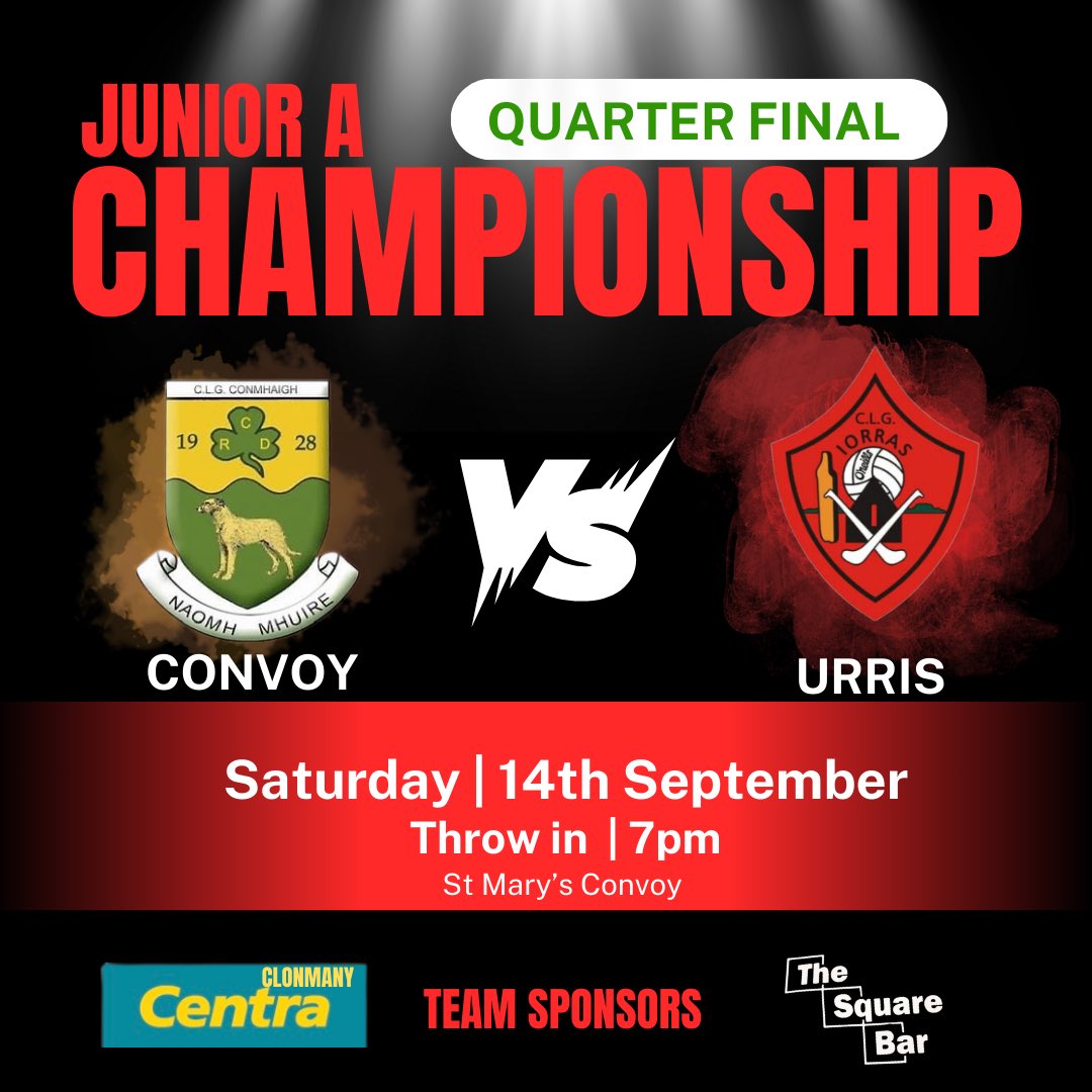 Our Senior Men have reached the quarter finals of the Junior A championship &amp; we need our fantastic loyal supporters to travel with them this Saturday evening to Convoy ❤️🖤

It’s knockout football, so let’s be the difference and get behind the lads by being there. Good luck!