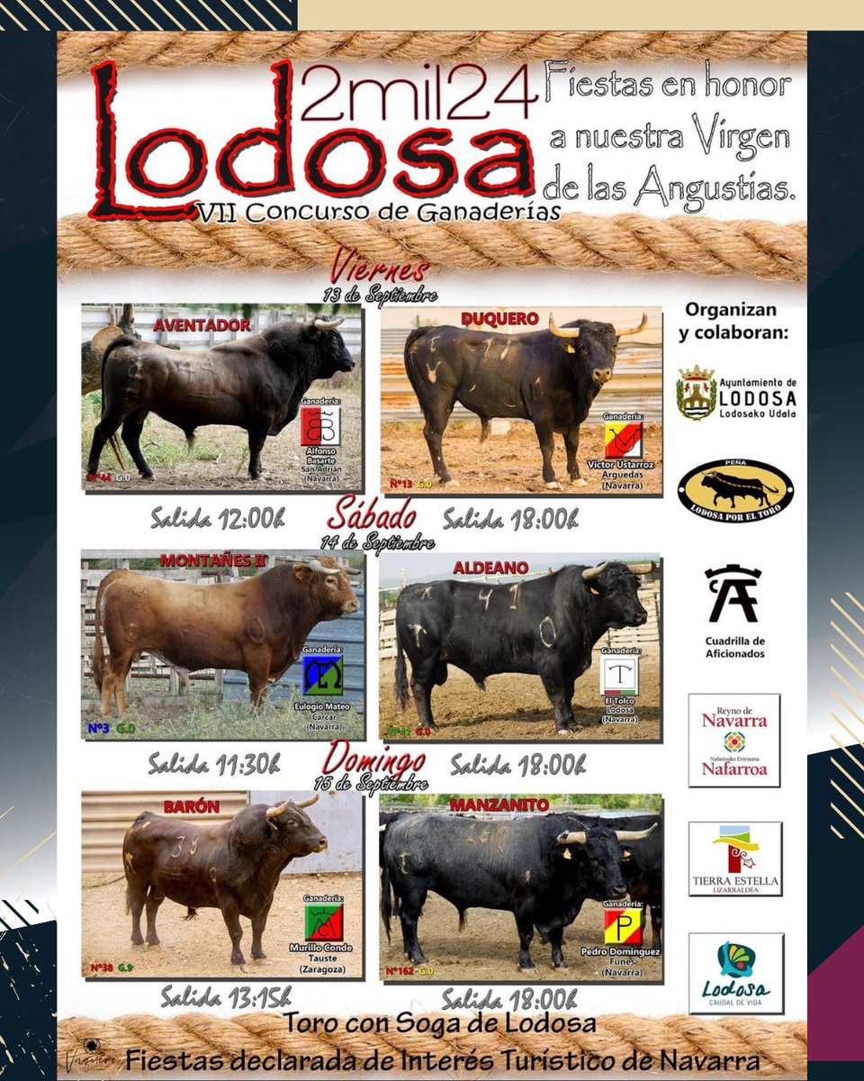 FETorodeCuerda's tweet photo. ➡️ Intenso mes de septiembre el que les espera por delante a los amigos de Lodosa que desde hoy disfrutan de sus Fiestas de la Virgen de las Angustias y este año celebrarán su XV Aniversario

#TorodeCuerda #TorodeVida https://t.co/gVCFz5GzFr
